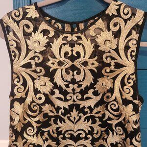 Nicole Miller Artelier Sleeveless Gold & Black Embroidered Mesh Top
